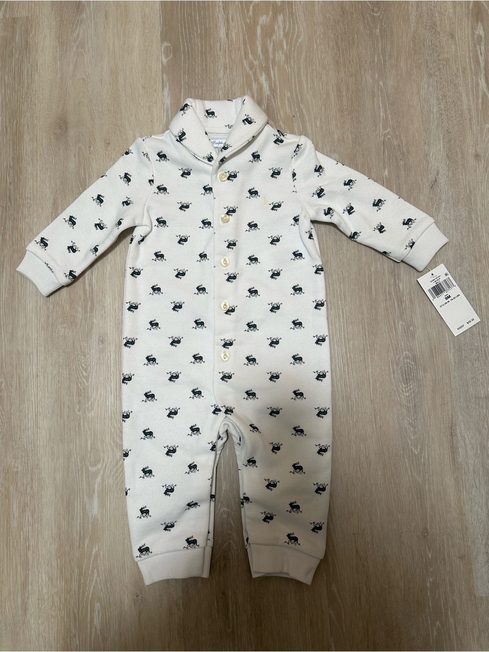 Polo Ralph Lauren Baby One-Piece Romper in White with Reindeer Print, Size 9M